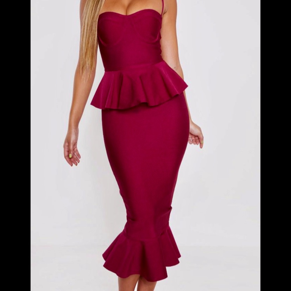 Berry Strappy Peplum Frill Hem Bandage Midi Dress